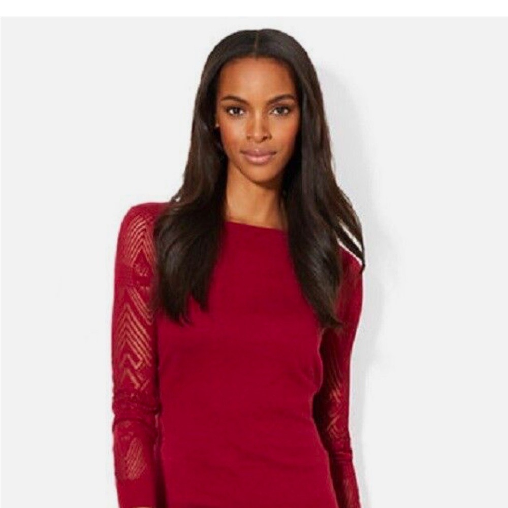 Ralph‎ Lauren Bright Merlot Red Crochet Lace Sleeve Boat Neck Knit Top XL